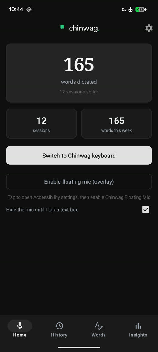 Home screen with usage stats and the keyboard and floating-mic toggles
