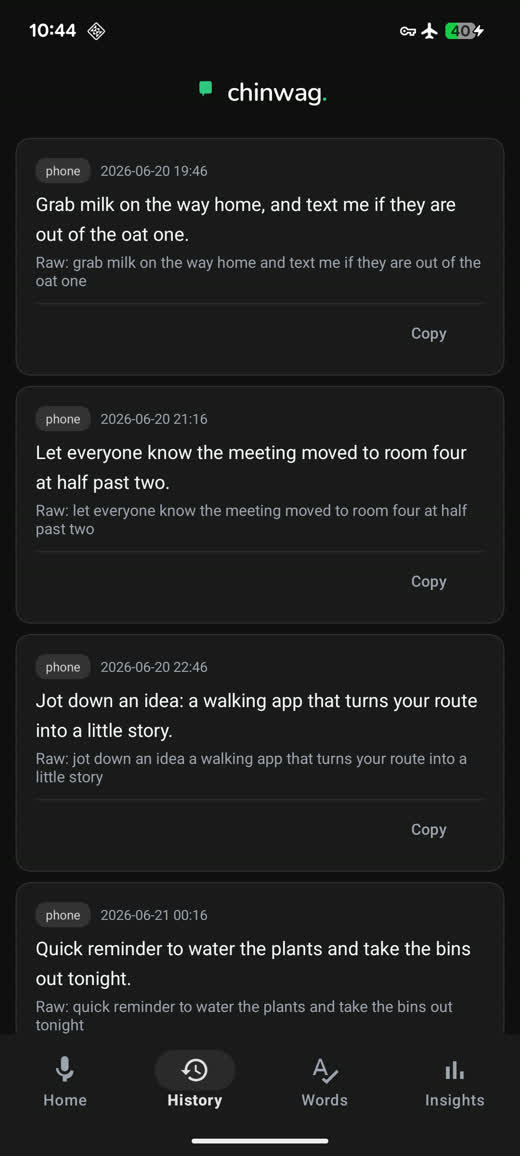 Chinwag turning speech into clean text