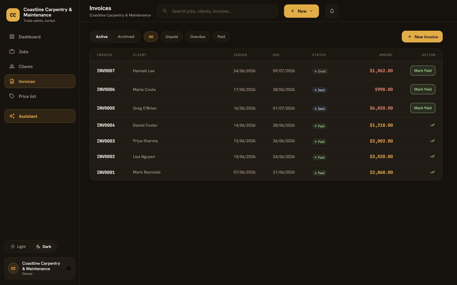 Invoices with GST worked out, on the desktop