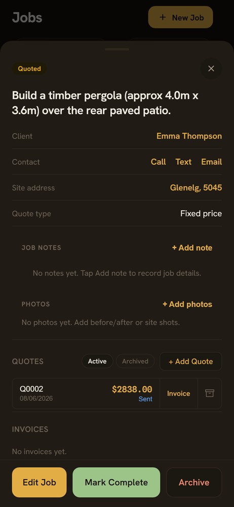 A job with client, notes, photos and a linked quote in one place